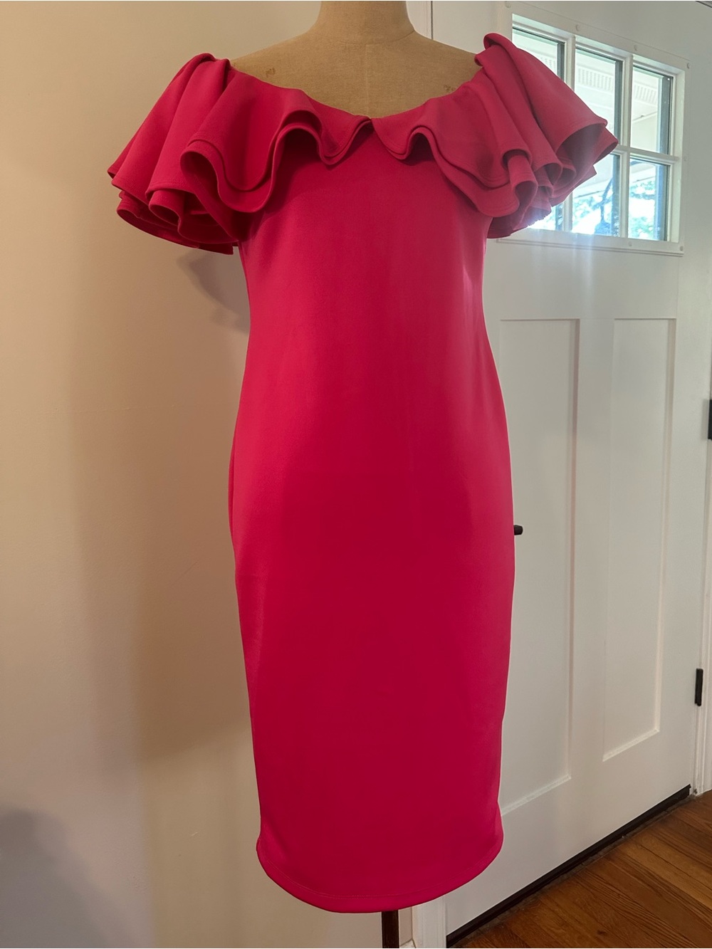 Off the Shoulder Ruffle Sheath Dress in Hot Pink